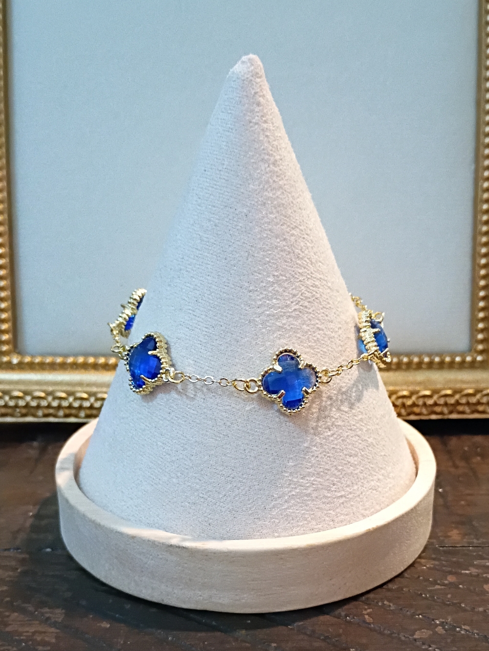 New Gold Plated Chain Bracelet with Blue Clover Stones